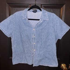 Vintage The Blues Denim Button-Up Shirt | Short Sleeve Chambray Top | 90s Style